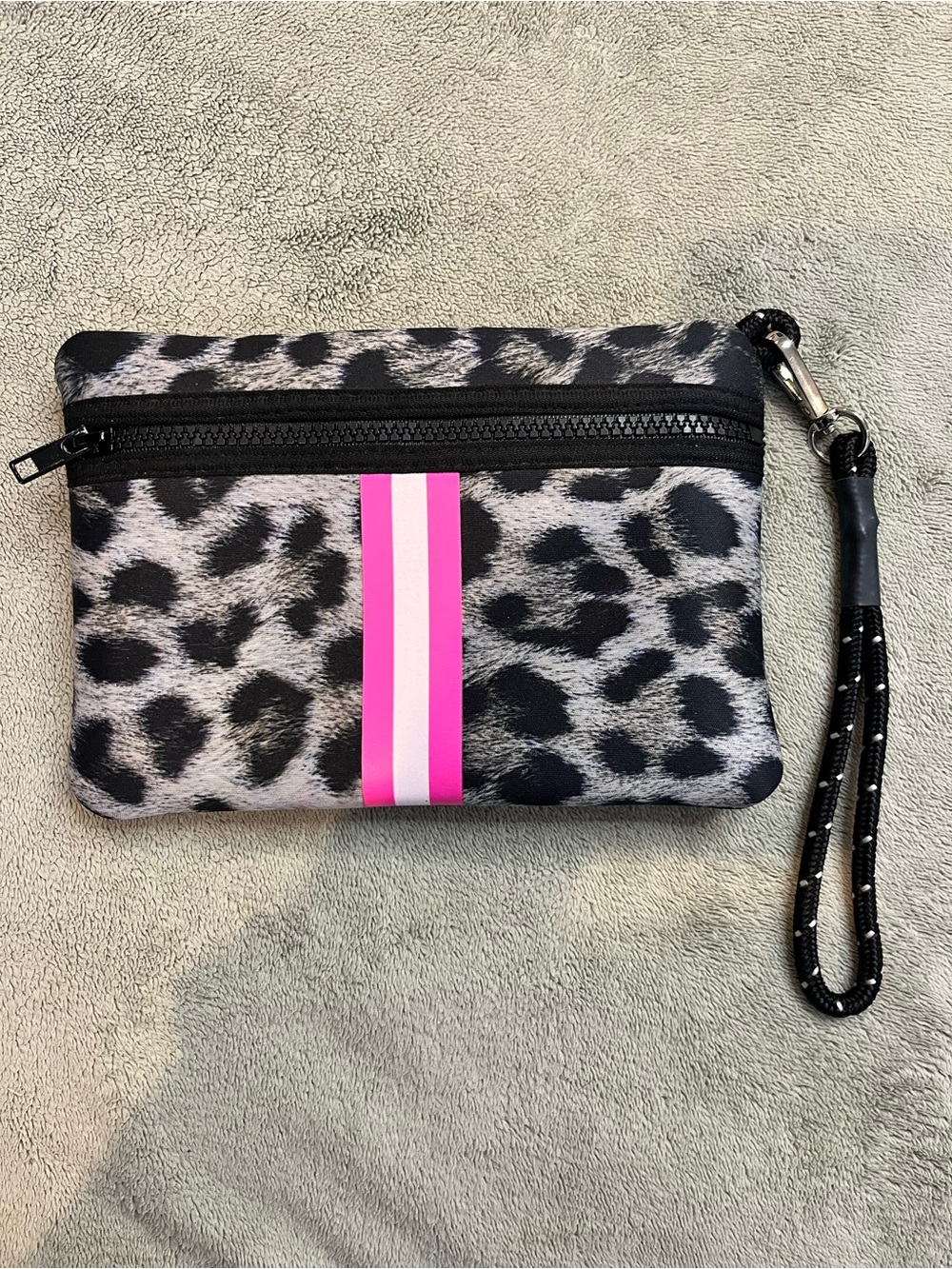 HAUTE SHORE Leopard Print Wristlet with Hot Pink Stripe